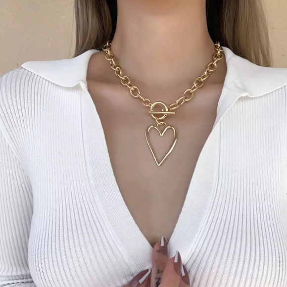 Gold Heart Interlock Bar Love Pendant Link Chain Necklace
